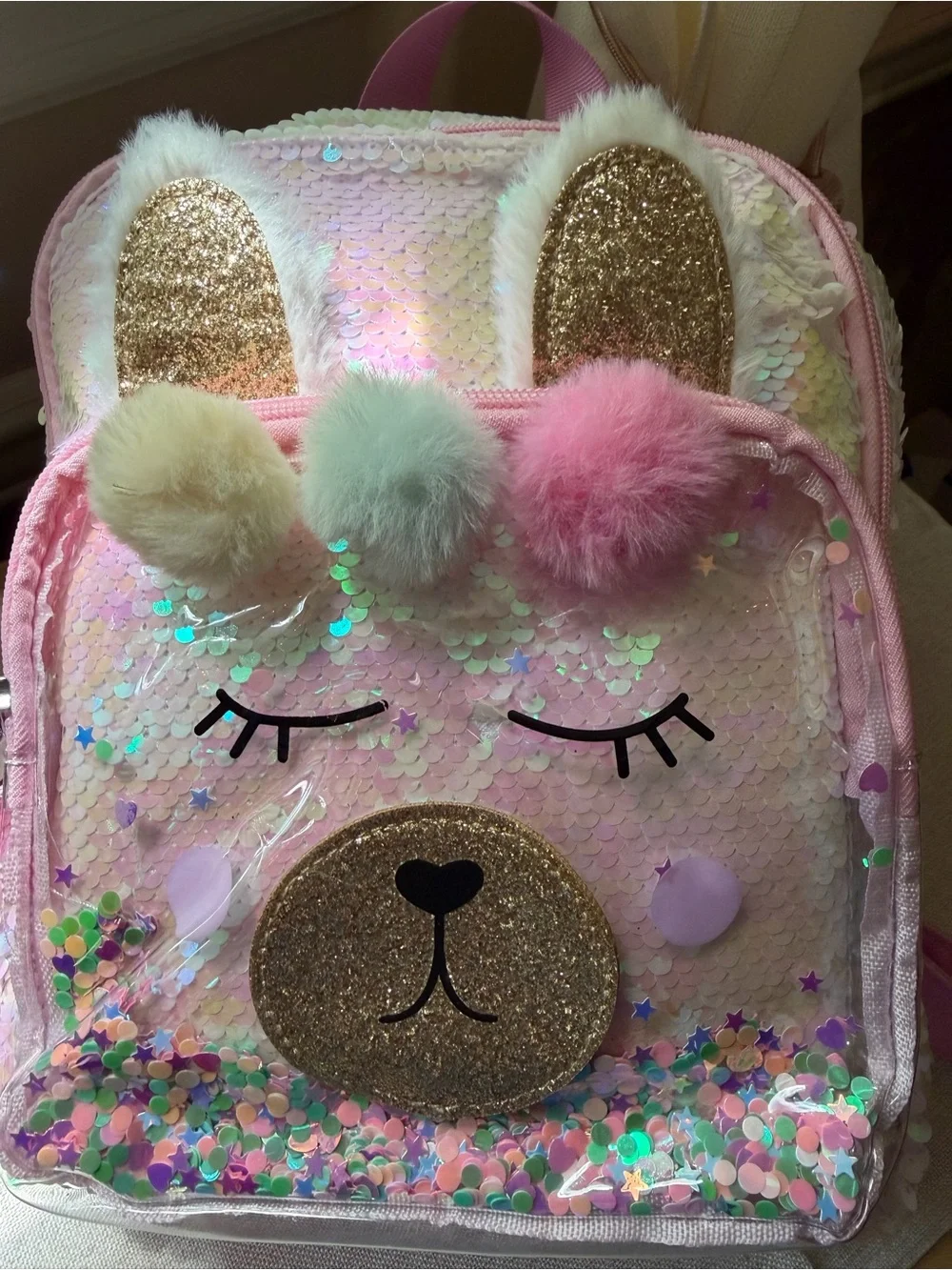 Cat & Jack Pink Sequin Bunny Backpack with Pom-Poms NWT